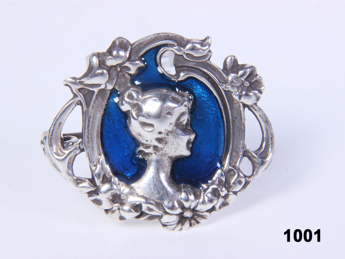Front view of Vintage Art Nouveau style 925 Sterling silver and blue enamel brooch from Antiques of Kingston.