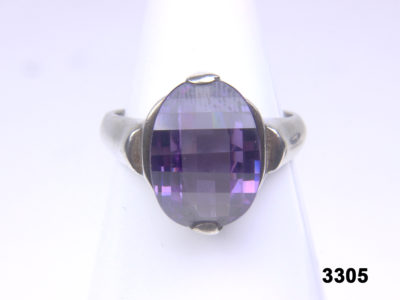 Front view of 925 Sterling silver ring with unusually cut amethyst from Antiques of Kingston