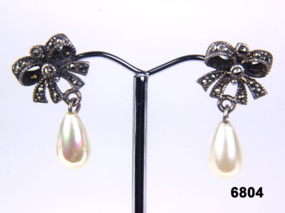 Vintage 925 Sterling silver pearl earrings with marcasite bows from antiques of kingston
