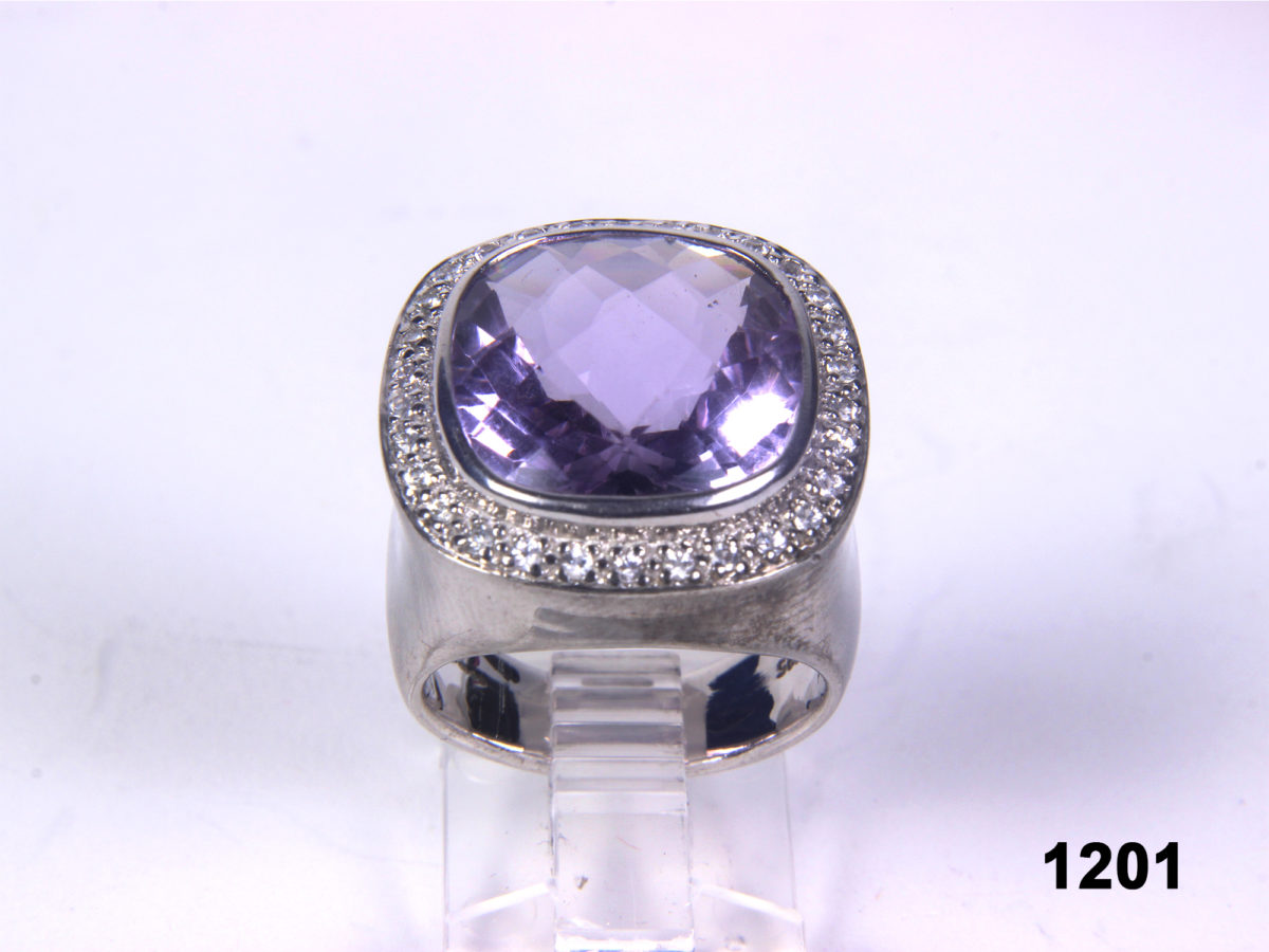 Front view of Modern fine cushion cut chunky Amethyst and CZ 925 sterling silver from Antiques of Kingston. Size P / 13.