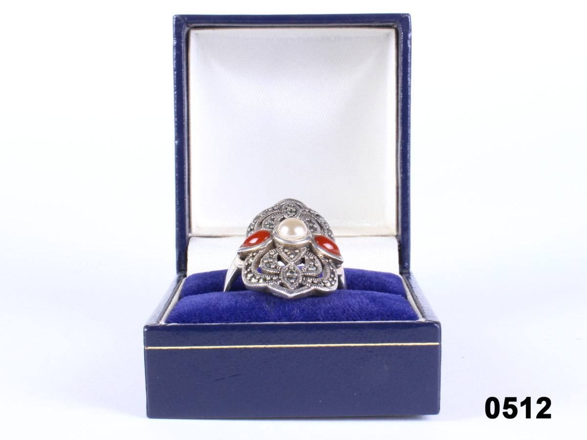 Front view of 925 Sterling silver Art Deco style ring with central pearl, carnelian and marcasite from Antiques of Kingston