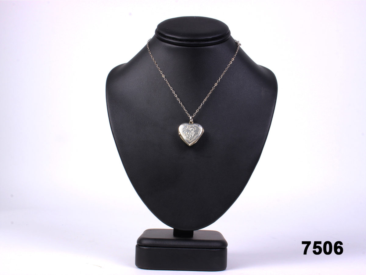 925 sterling silver engraved heart locket with gilt interior on a sterling silver chain from antiques of kingston