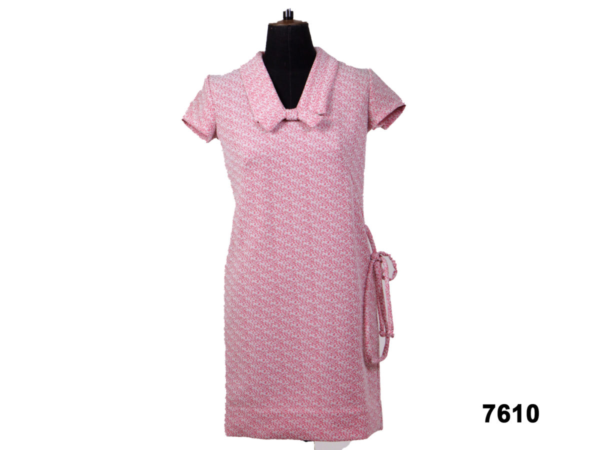 Front view of 1960s pink Crimplene dress from Antiques of Kingston