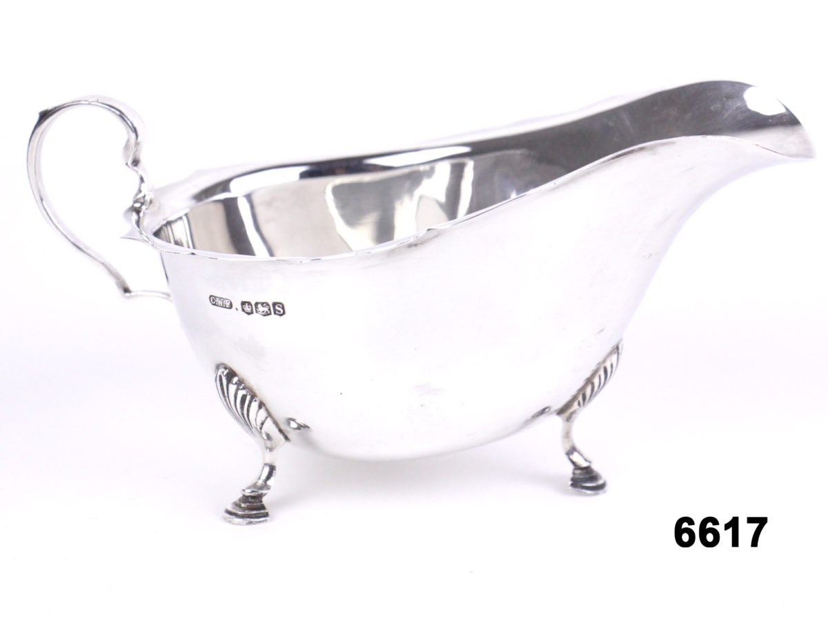 Front view of Sheffield assayed antique sterling silver gravy boat by C.W.Fletcher & Sons from Antiques of Kingston
