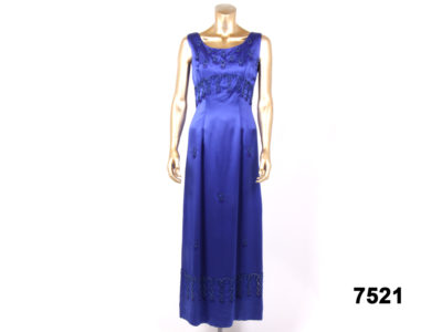Front view of vintage Royal blue long satin beaded evening gown from Antiques of Kingston