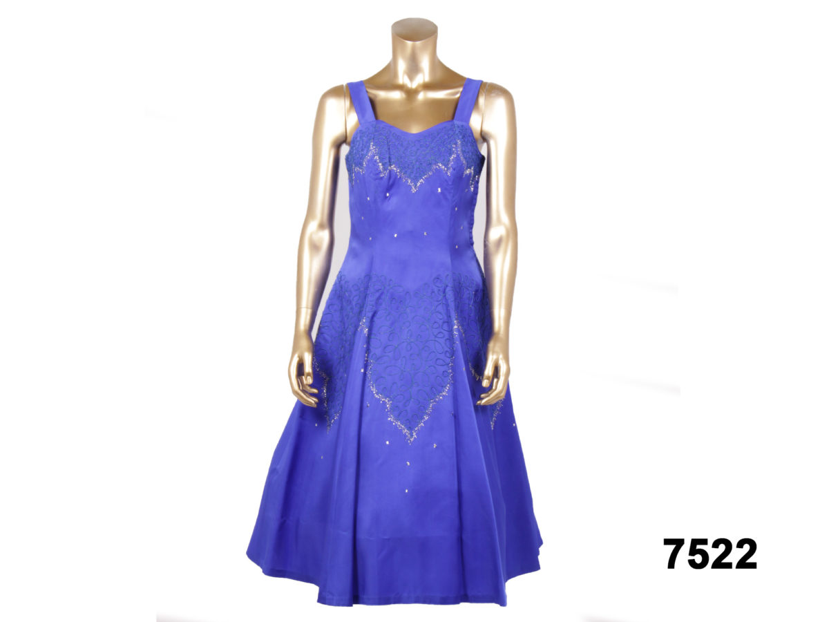 Front view of 50s Royal blue embellished full skirted evening dress from Antiques of Kingston
