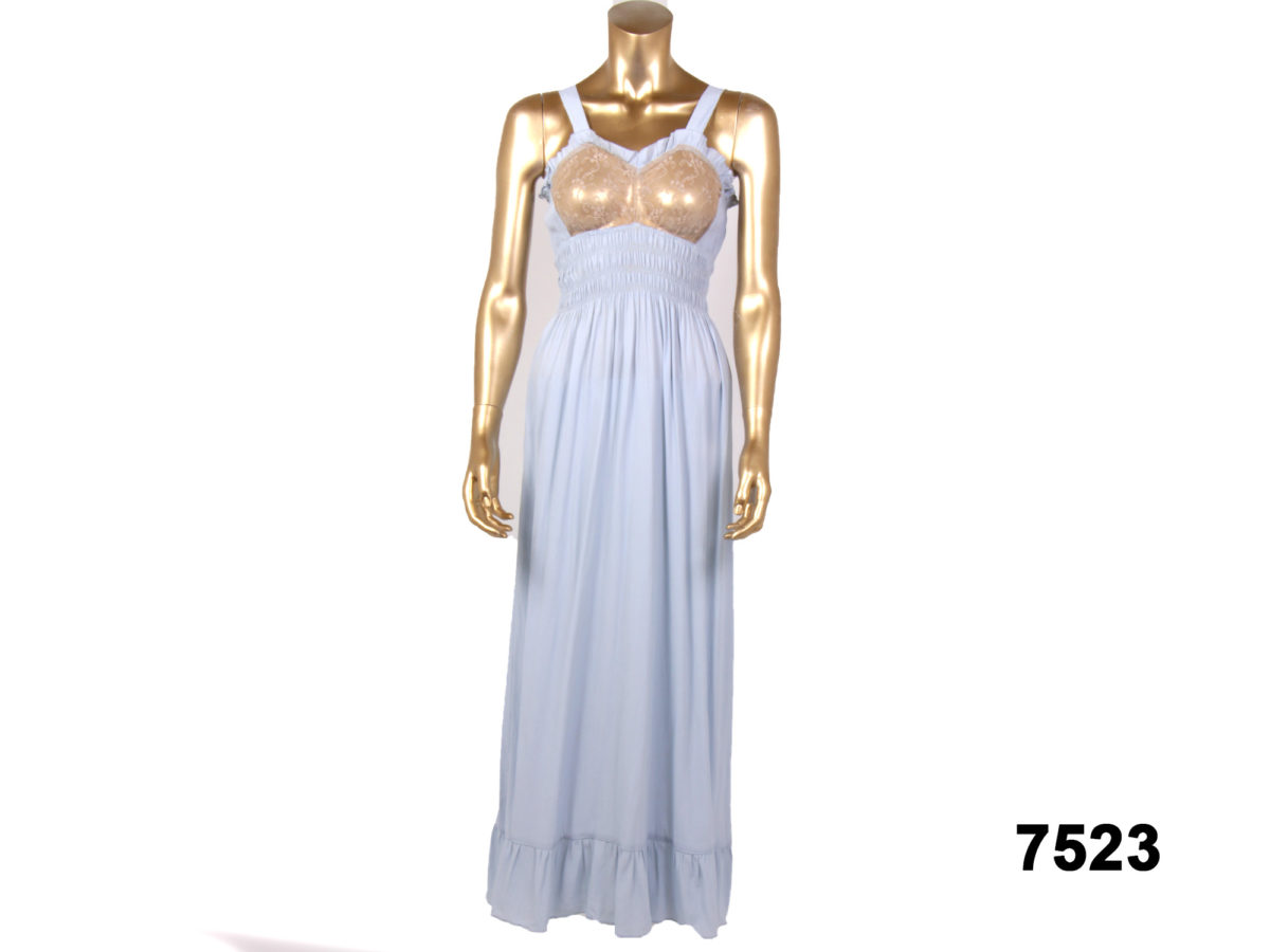 Front view of 1930s Long blue slip dress with lace across the breasts from Antiques of Kingston