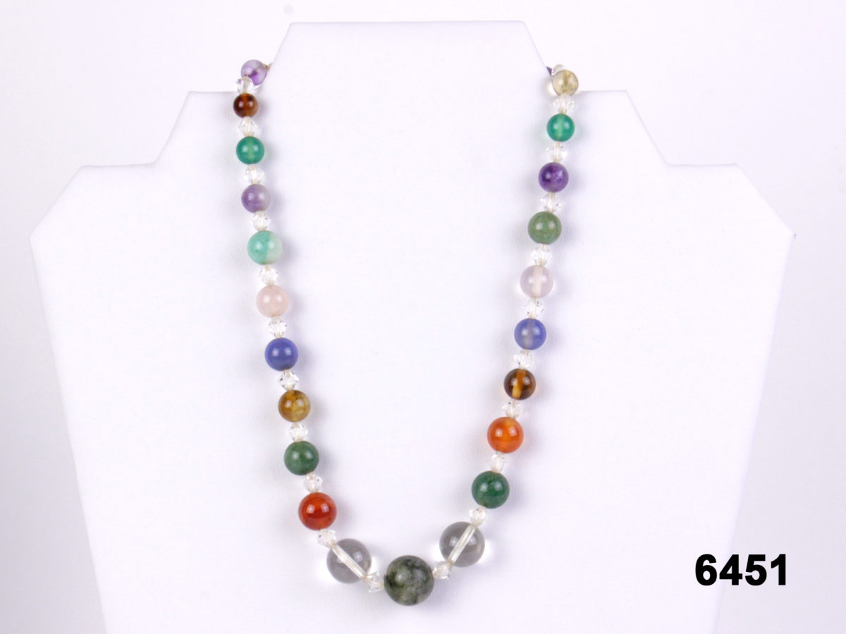 Vintage Art Deco gemstone necklace with carnelian, rock crystal, nephrite jade, jade, chrysoprase & amethyst with silver clasp from Antiques of Kingston