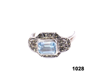Front view of Art Deco style sterling silver ring with pale blue stone & marcasite from Antiques of Kingston.