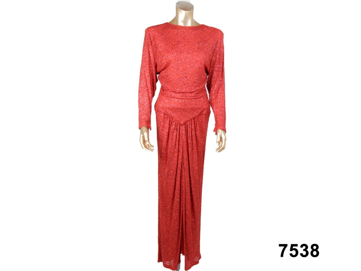 Front view of 80s Red jersey silk glitter dress from Antiques of Kingston
