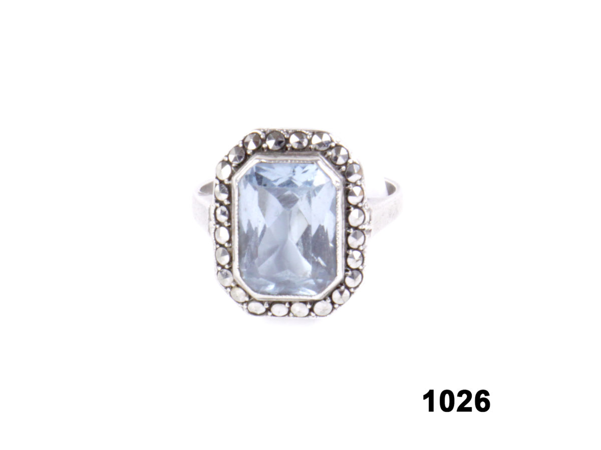 Front view of 925 Sterling silver ring with pale blue emerald cut stone and marcasite from Antiques of Kingston