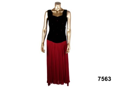 Front view of Late 70s black velvet and red chiffon dress by Ms Selfridge from Antiques of Kingston