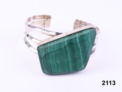 Front view of 925 Taxco Mexican sterling silver bangle with a large malachite from Antiques of Kingston.