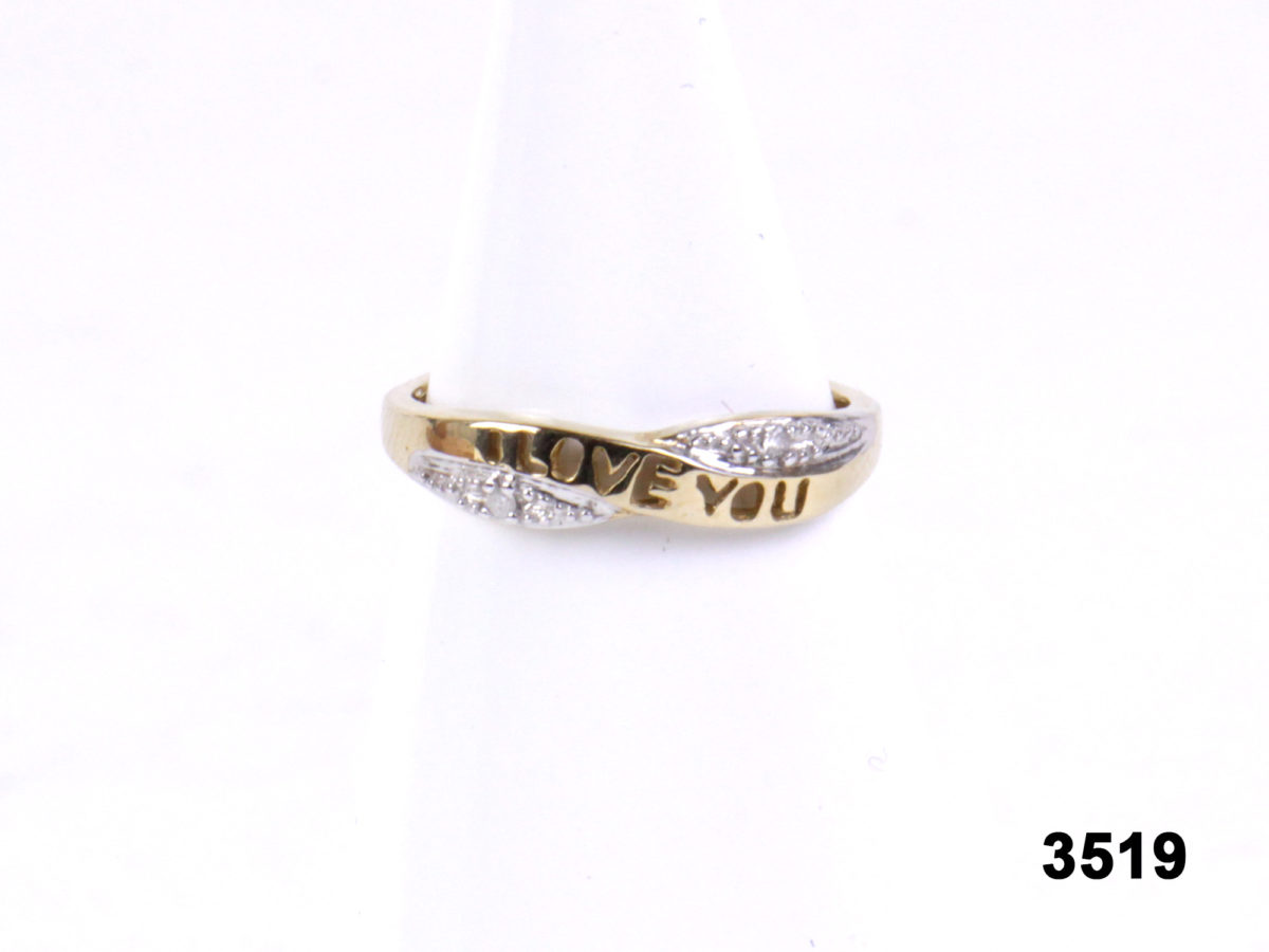 Front view of Vintage 9 carat gold & diamond 'I love you' ring from Antiques of Kingston. Size L / 5.75