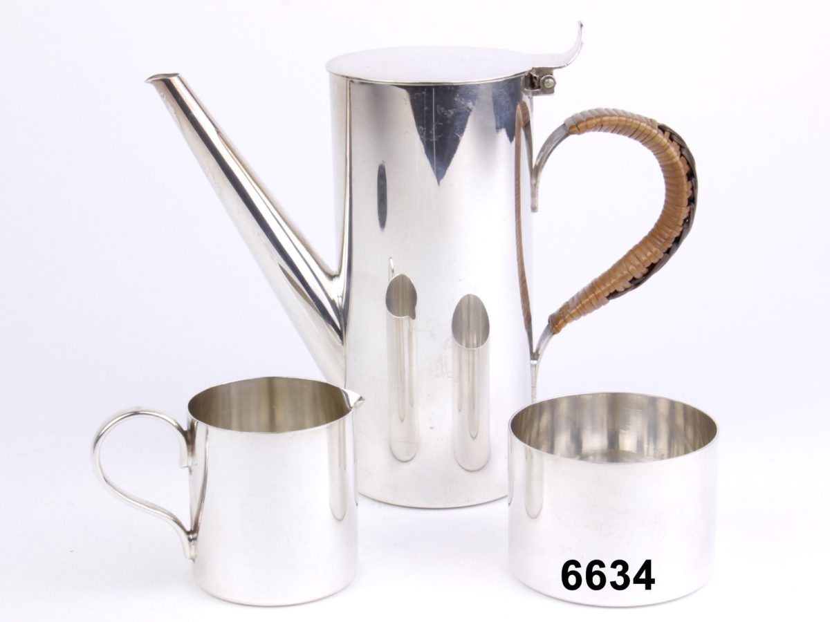 Front view of Vintage Art Deco Italian silver plated coffee trio set from Antiques of Kingston.
