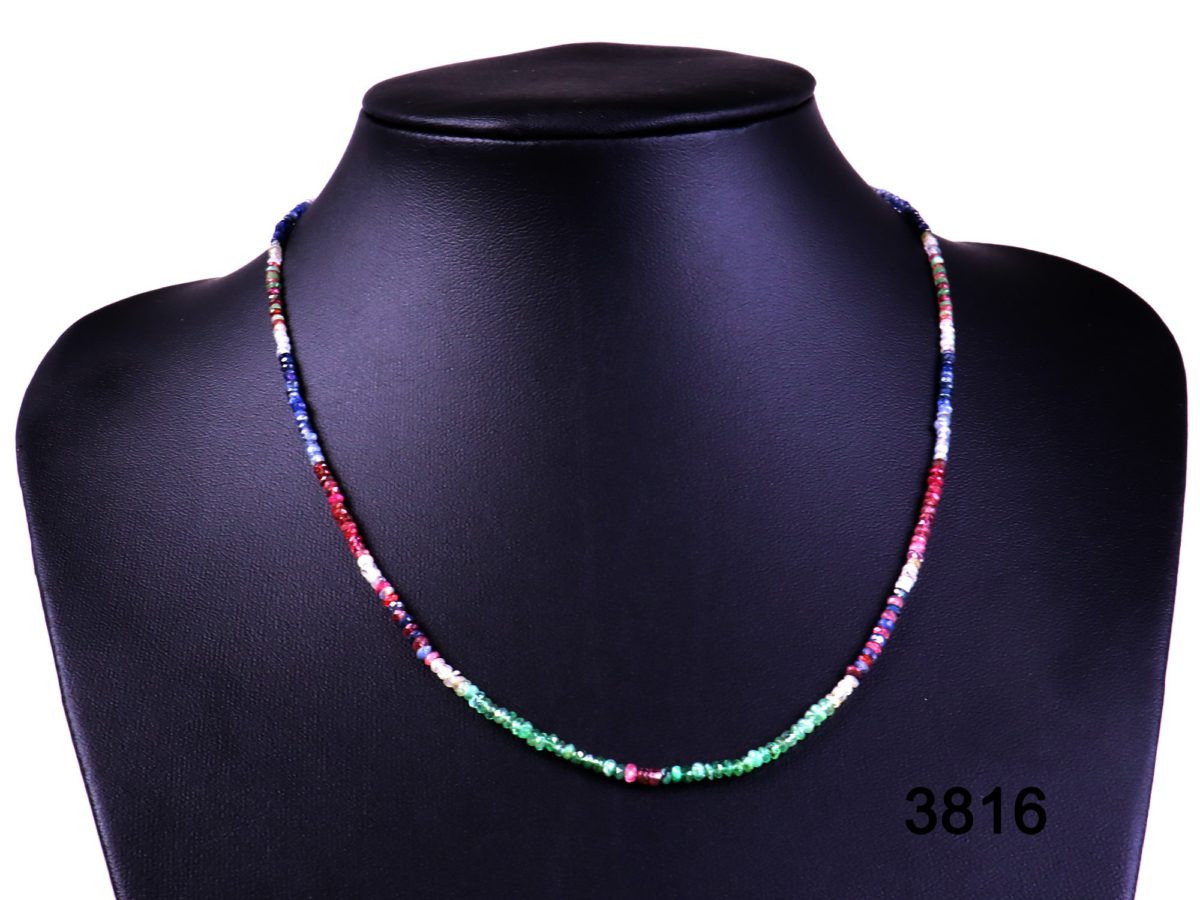 Sapphire, Ruby and Emerald bead necklace with 18 carat gold clasp from Antiques of Kingston