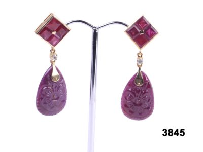 18ct Gold carved natural ruby drop earrings with diamonds at antiques of kingston