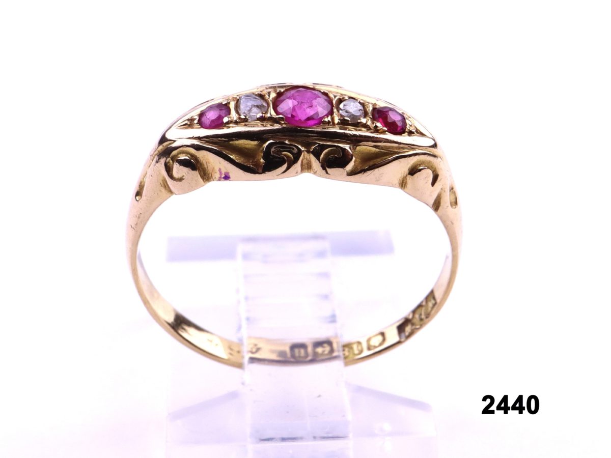 c1894 Birmingham assayed 18 carat gold ring set with rubies and old cut diamonds from 1919 from Antiques of Kingston