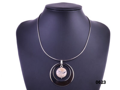 Sterling silver snake chain necklace with a jasper stone pendant set in sterling silver circle frame at Antiques of kingston