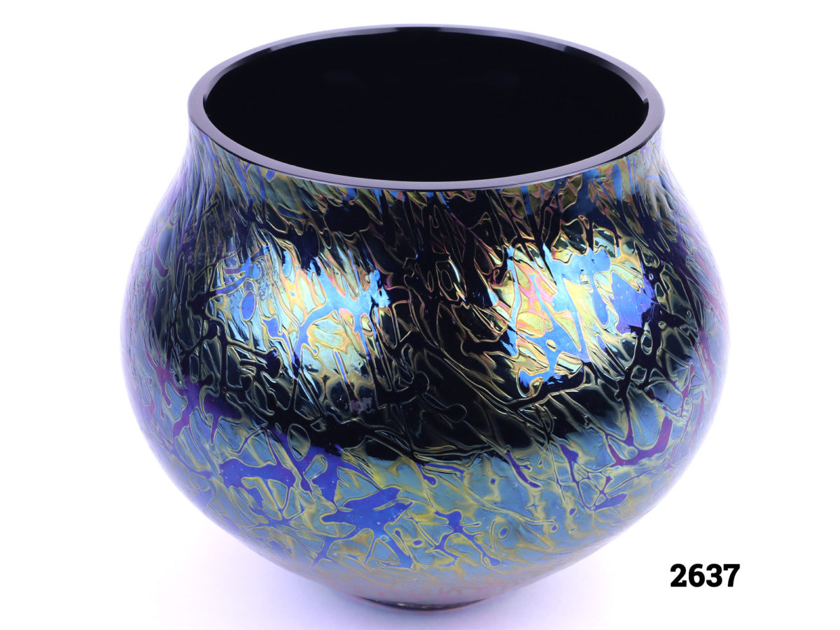 Royal Brierley bulbous vase in iridescent peacock blue, purple and golden yellow glass Measures 55mm in diameter at base and 110mm at top Photo showing side and slight inside mouth of vase