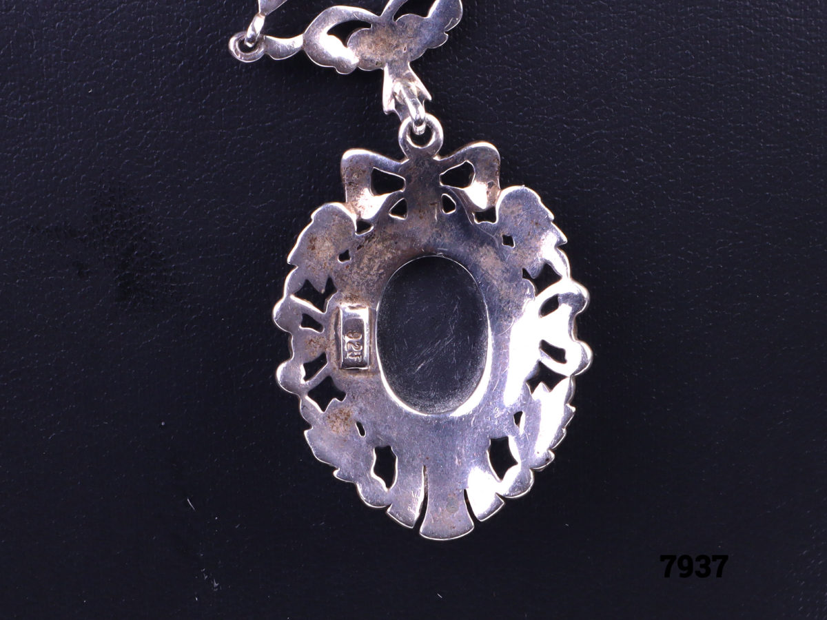 Silver Marcasite & Black Onyx Necklace Rear view of pendant showing hallmark