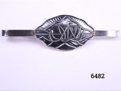 Vintage Norwegian silver tie clip with Viking longship design by Ostrem Hallmarked 830 S OXO Main photo showing front of clip