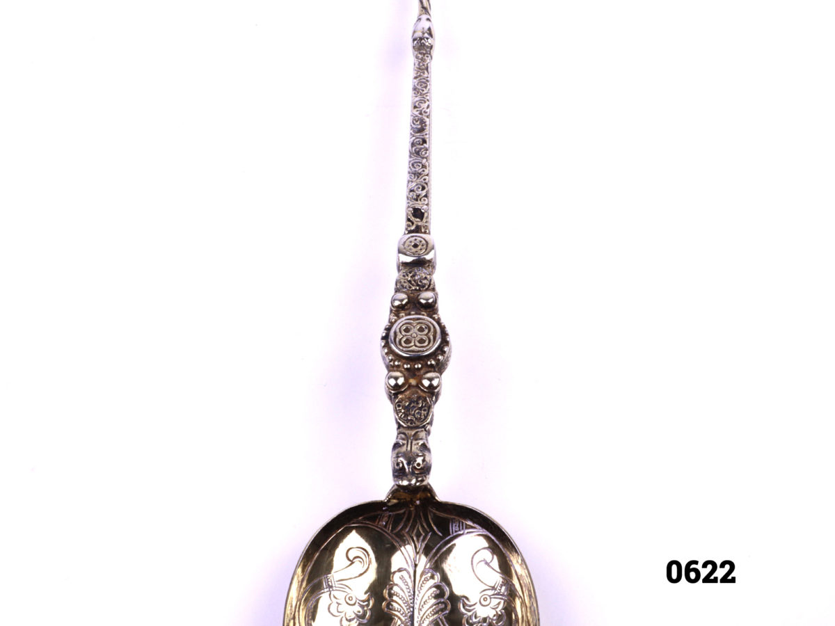 Large silver anointing spoon c1910 Birmingham assayed sterling silver with gilt bowl by Elkington & Co Photo showing back edge of bowl and handle