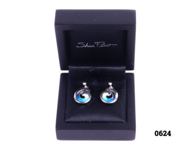 Peacock blue enamel on sterling silver earrings by Sheila Fleet Orkney Islands Main photo earrings displayed in box