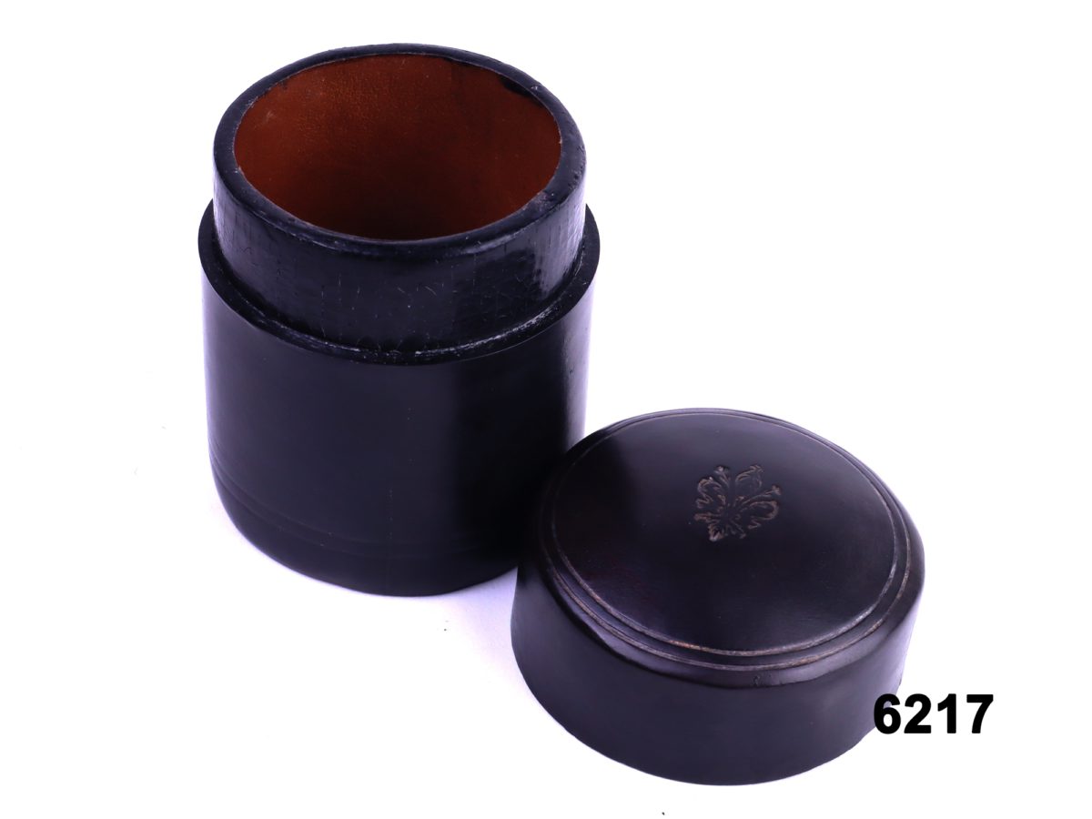 Vintage Italian leather cylindrical vesta case Top view with lid removed showing interior