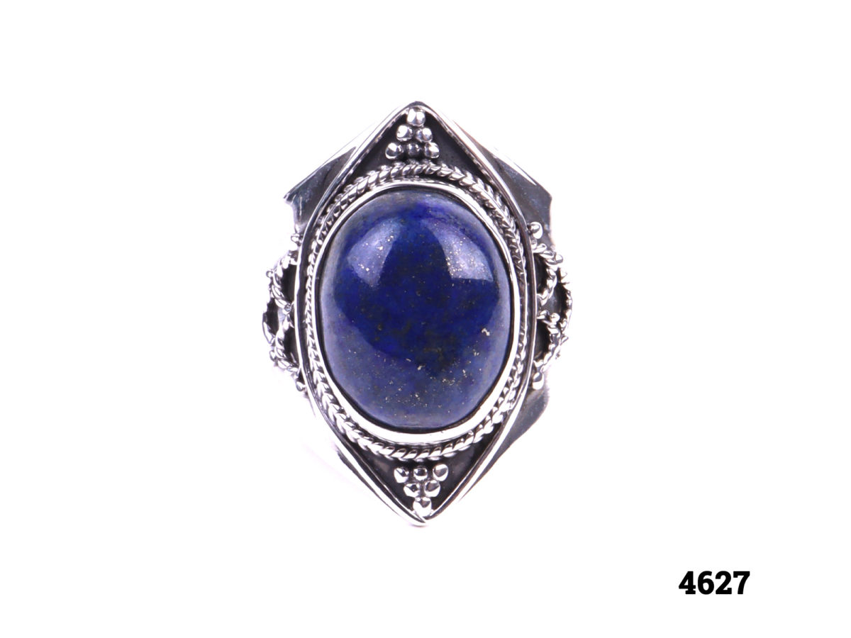 Chunky sterling silver lapis lazuli ring. Size R½/9¾. Main photo showing front of ring