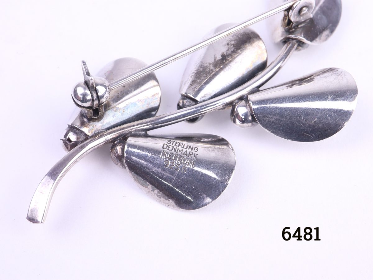 Vintage sterling silver branch shaped brooch by Niels Erik Denmark Photo showing close up of hallmark