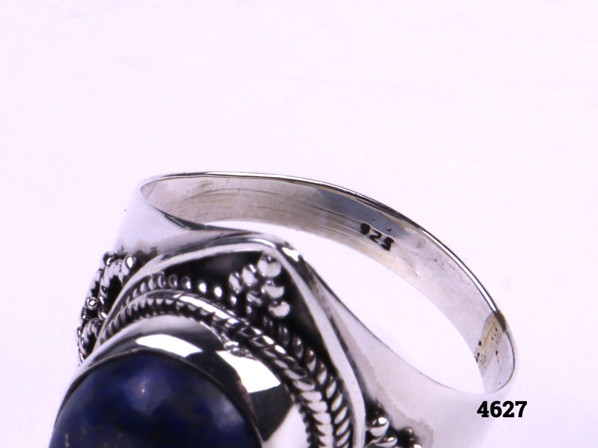 Chunky sterling silver lapis lazuli ring Size R½/9¾ Close up image of 925 hallmark