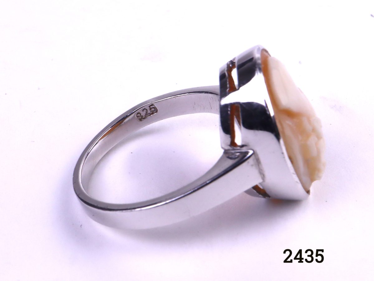 925 Sterling silver cameo ring Ring size N / 6.5 Cameo measures 20mm by 15mm Close up photo showing 925 hallmark