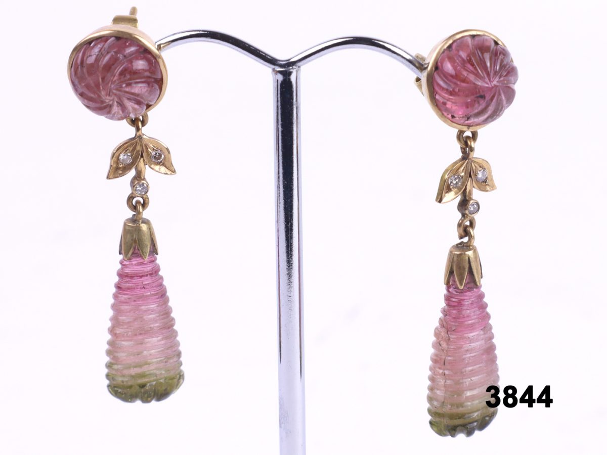 18 carat Gold drop earrings with carved tourmaline and small diamonds at antiques of kingston