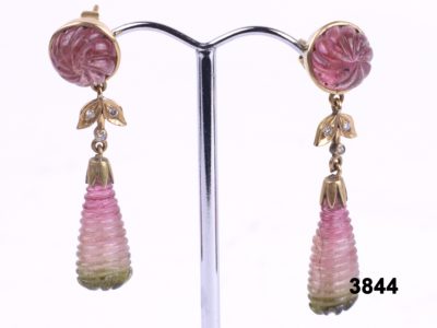 18 carat Gold drop earrings with carved tourmaline and small diamonds at antiques of kingston