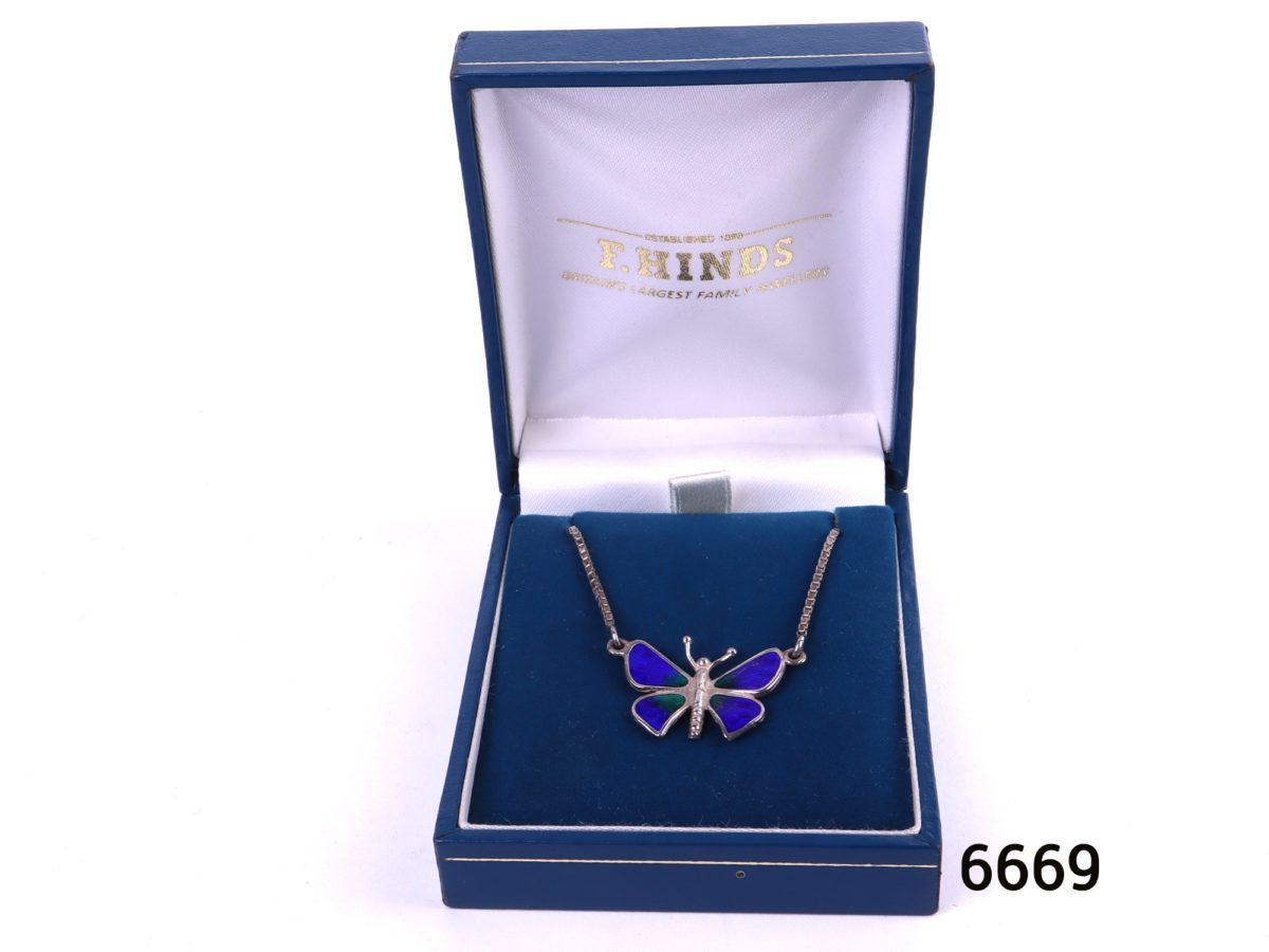 Blue enamelled silver butterfly pendant on sterling silver box chain Box included Pendant measures 30mm wide by 20mm long Photo of necklace displayed in its box