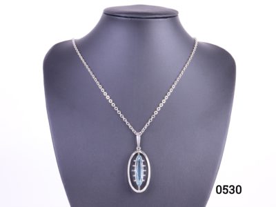 1960s Kordes & Lichtenfels necklace with pale blue glass stone pendant in the Modernist style Hallmarked K & L 835 Germany Pendant measures 50mm long (including bale) by 20mm wide Main photo showing necklace on display stand