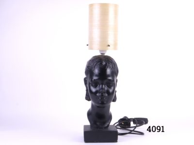 1950s-60s lamp with a ladys head at the base and fibre glass shade Initialled & numbered and bottom of the base Main photo showing front view of the whole lamp with shade