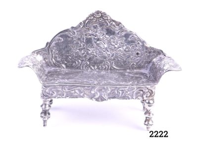 925 Sterling silver miniature bench embossed with cherubs Hallmarked 925 for sterling silver on the top of backrest on back of bench Main photo showing front of bench