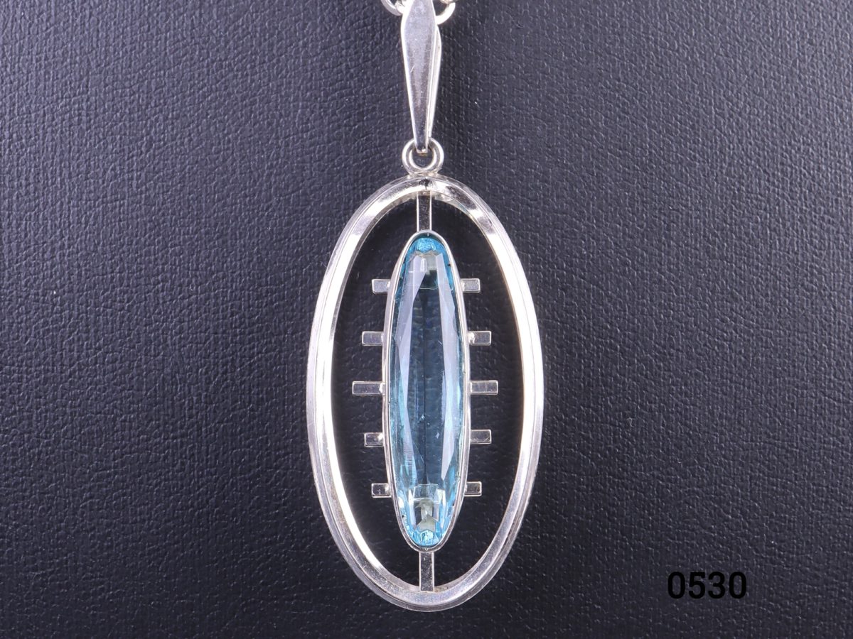 1960s Kordes & Lichtenfels necklace with pale blue glass stone pendant in the Modernist style Hallmarked K & L 835 Germany Pendant measures 50mm long (including bale) by 20mm wide Close up photo of the pendant (front)