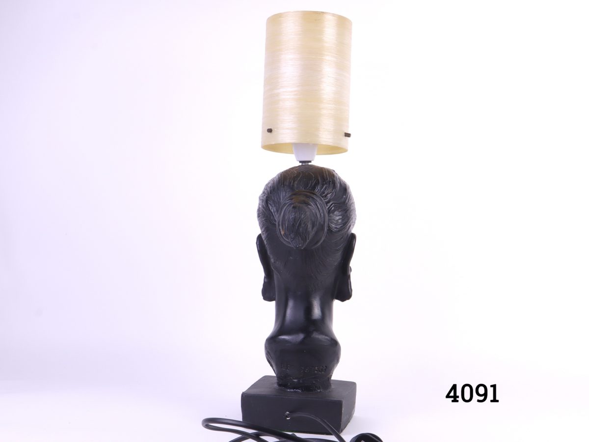 1950s-60s lamp with a ladys head at the base and fibre glass shade Initialled & numbered and bottom of the base Back view photo of the whole lamp with shade