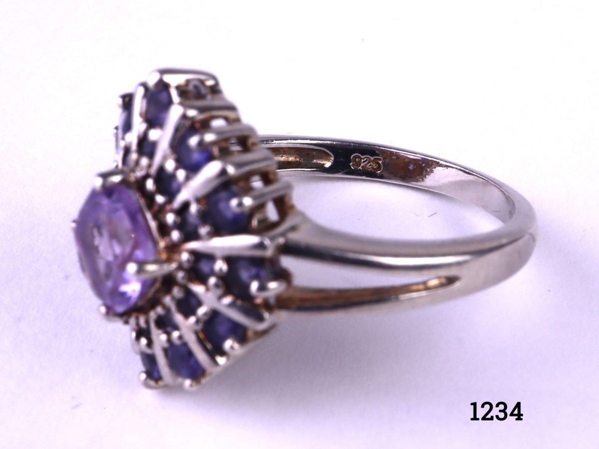 925 Sterling silver ring with princess cut amethyst stone to the centre surrounded by 12 small round lazulite stones Size N / 6.75 Close up of side view of ring showing the 925 hallmark