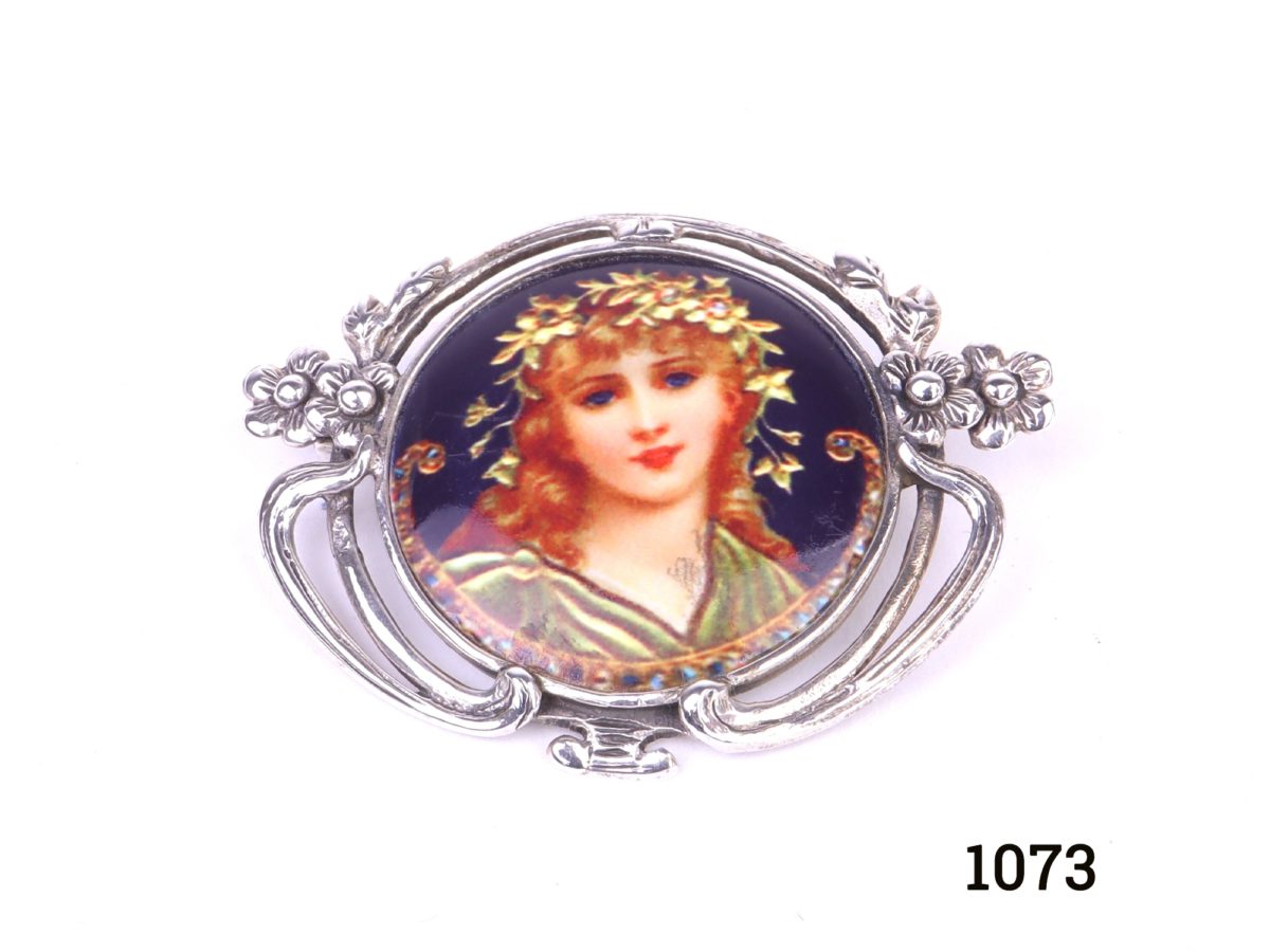 925 Sterling silver and hand-painted enamel brooch with portrait of a Pre-Raphaelite lady Main photo front of brooch