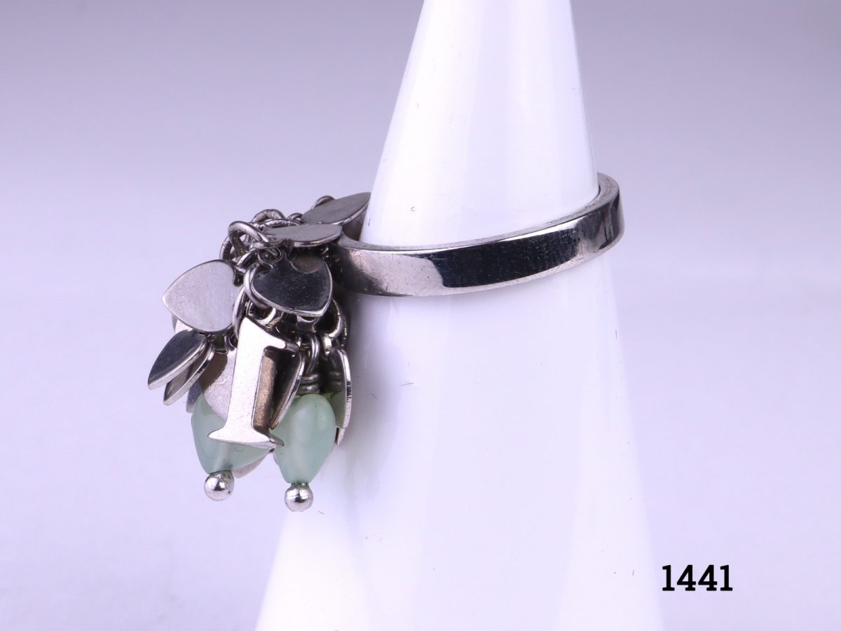 Christian Dior 3 piece set of chrome hearts jewellery Ring with fluorite heart beads Size O / 7.25 and weighing 9.3g Close up photo of side view of ring
