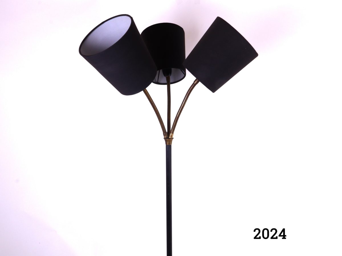 1960s Three branch floor lamp with swan necks Measures 250mm in diameter at base (Fully rewired and PAT tested) Close up photo of the three lamps facing upwards