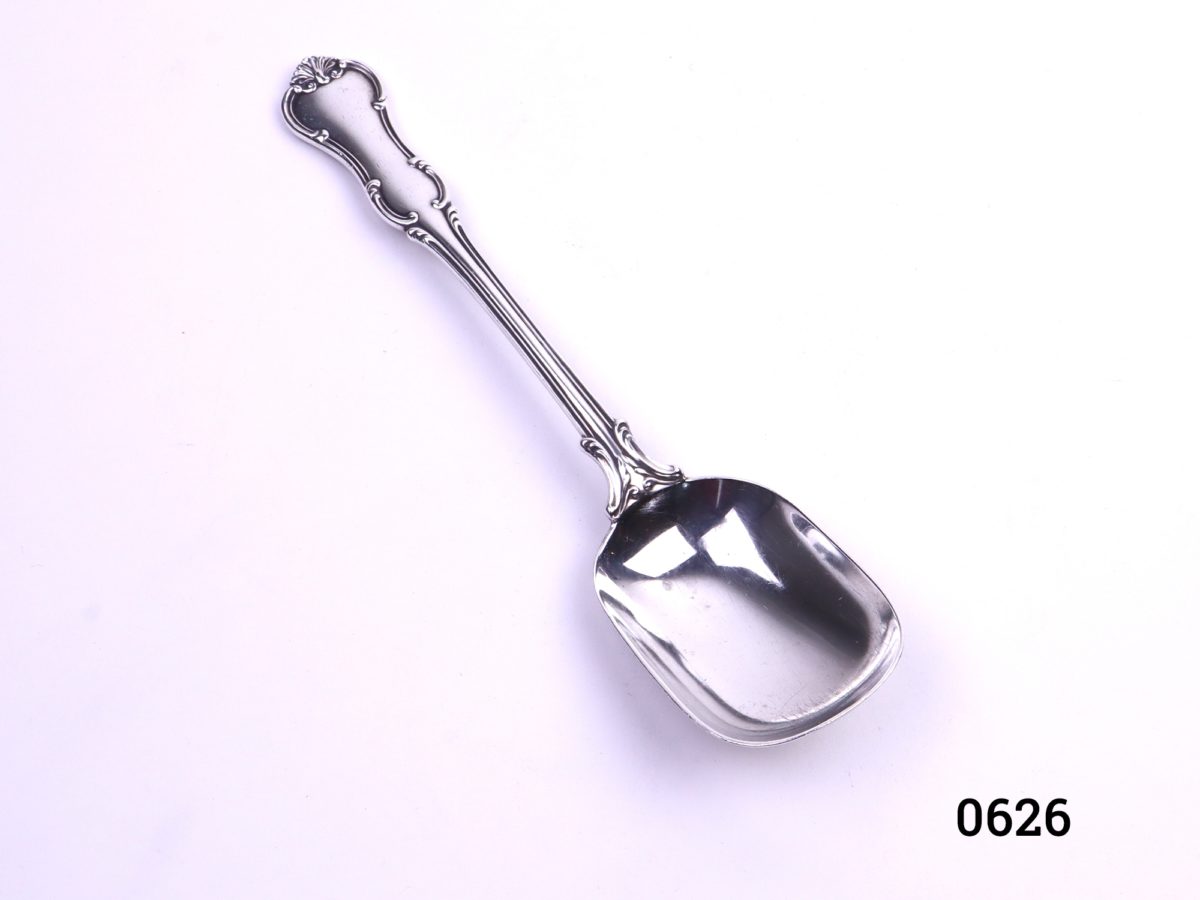 Sterling silver jam/sugar spoon in Princess pattern Fully hallmarked c1906 London assayed & made by Goldsmiths & Silversmiths Co Photo looking down at whole spoon