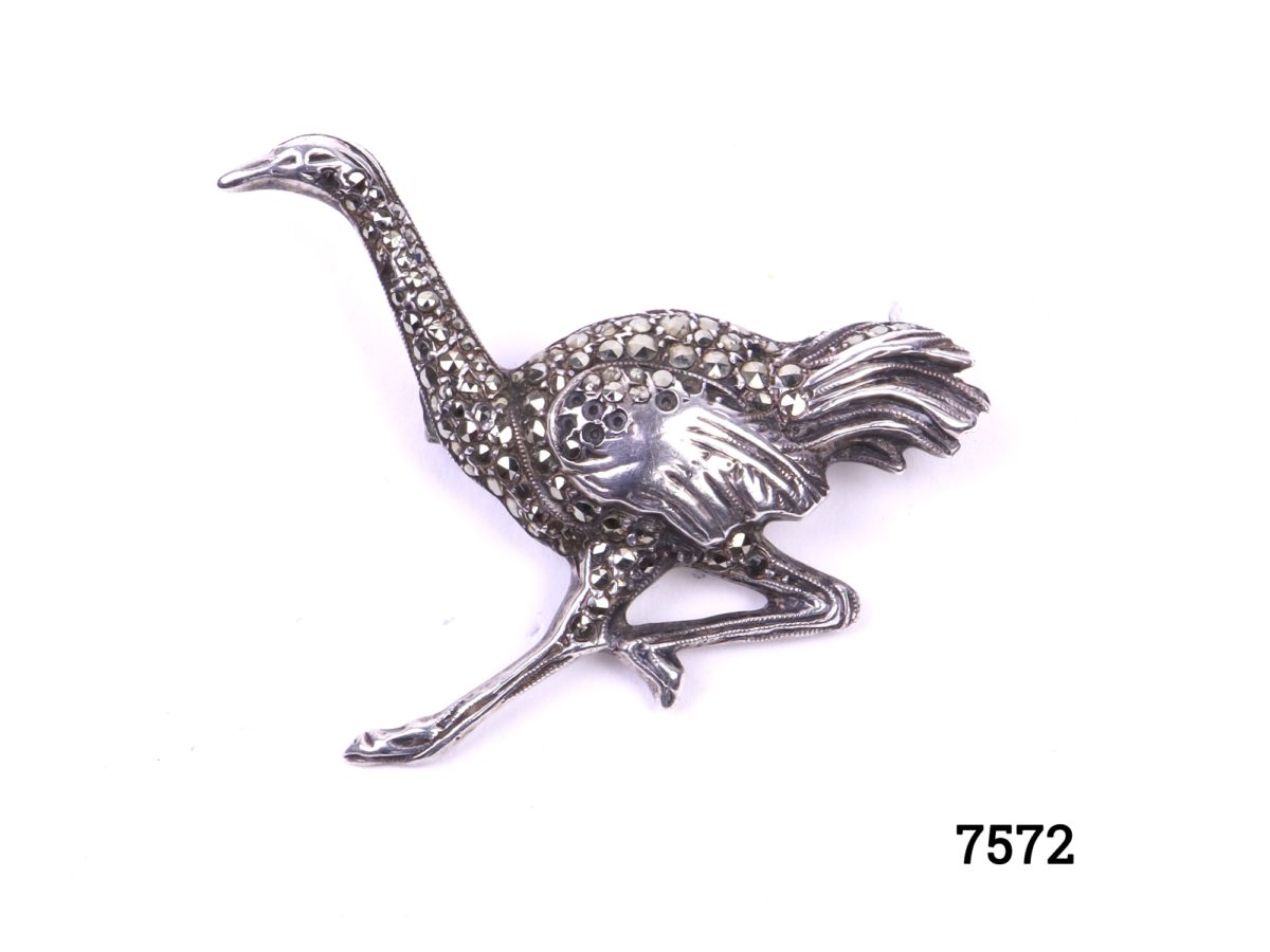 Front view of Vintage Sterling Silver Ostrich Bird Brooch