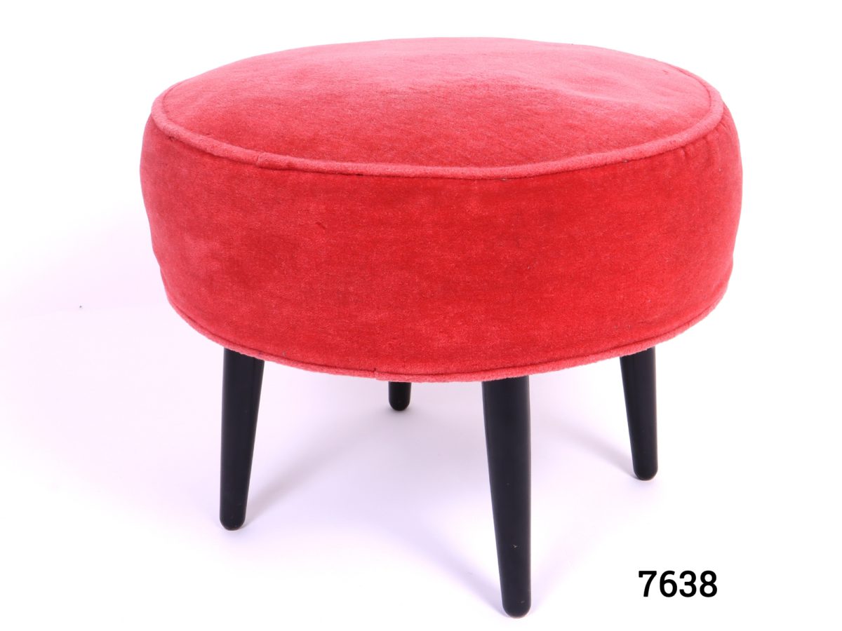 1960s Circular low stool by Hanleys of Worcester with pink velvet cushioned seat Measures 420mm in diameter Cushion depth 140mm Main photo of stool sideways on