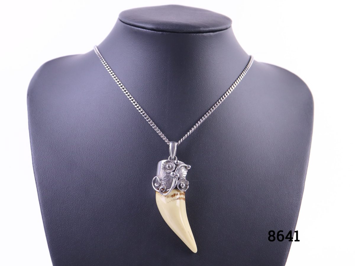 Silver whale tooth pendant Vintage whale tooth set on 925 sterling silver on a sterling silver chain Pendant drop length 65mm and weight 18g Main photo showing necklace & pendant displayed on stand