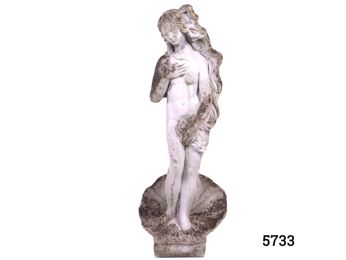 Well weathered concrete garden statue fashioned in the form of Sandro Botticellis Birth Of Venus. Square base measures 175mm by 165mm Main photo showing the whole statue from the front